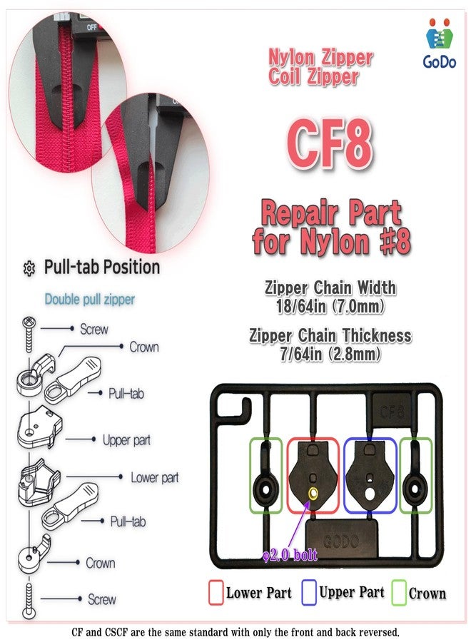 GODO CF8-2EA Nylon Zipper Slider Repair Replacement Kits - #8 Single or Double Puller - Image 4