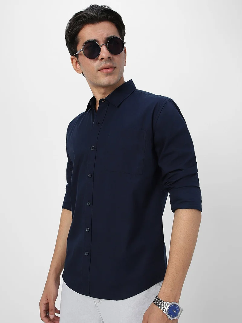 Urbano Fashion Men's Navy Cotton Full Sleeve Regular Fit Casual Solid Shirt
