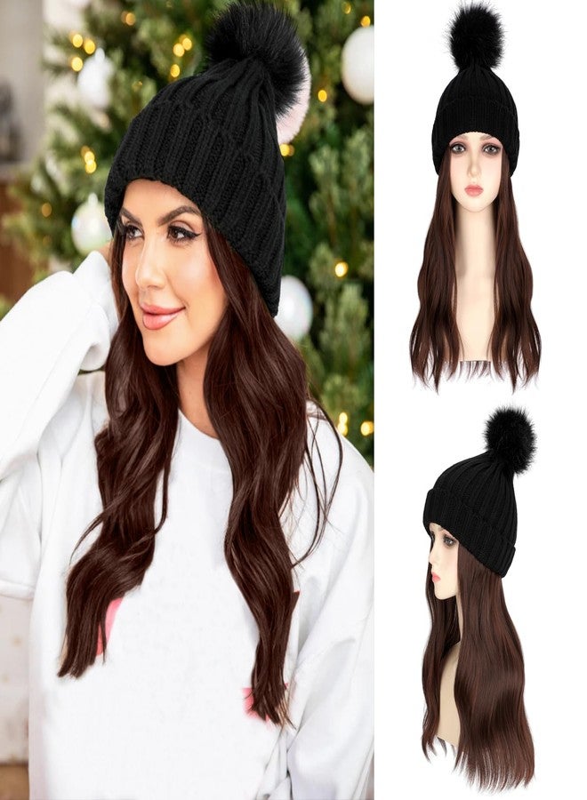 Lansigreen Wig Beanie Hat with Long Wavy Hair Extensions - Knit Rib Pom Hat Attached 14" Curly Synthetic Hairpiece for Women Winter Medium Brown - Image 1