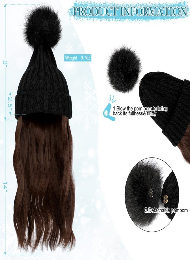 Lansigreen Wig Beanie Hat with Long Wavy Hair Extensions - Knit Rib Pom Hat Attached 14" Curly Synthetic Hairpiece for Women Winter Medium Brown - Image 3