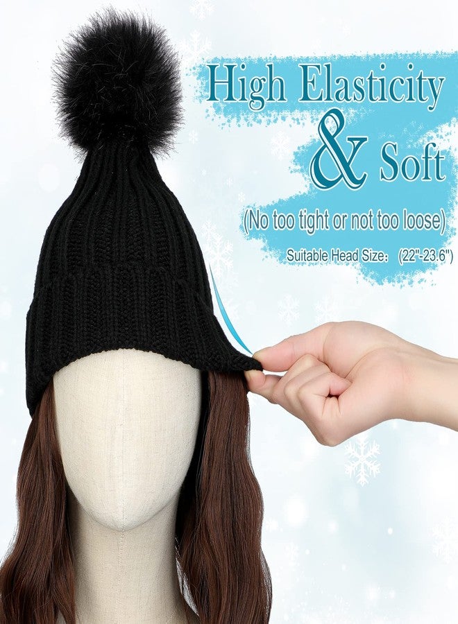 Lansigreen Wig Beanie Hat with Long Wavy Hair Extensions - Knit Rib Pom Hat Attached 14" Curly Synthetic Hairpiece for Women Winter Medium Brown - Image 4
