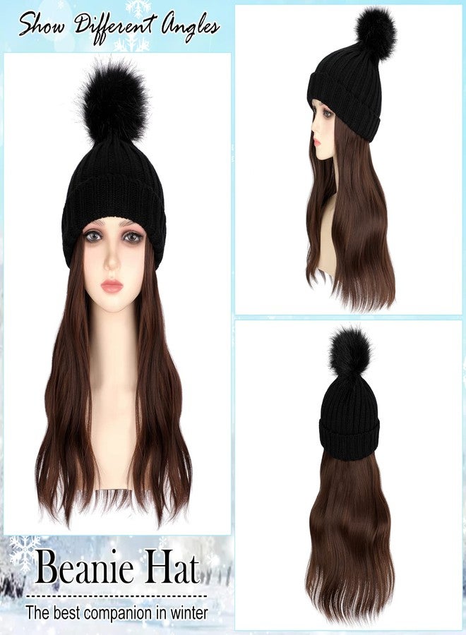Lansigreen Wig Beanie Hat with Long Wavy Hair Extensions - Knit Rib Pom Hat Attached 14" Curly Synthetic Hairpiece for Women Winter Medium Brown - Image 2