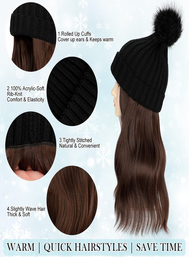Lansigreen Wig Beanie Hat with Long Wavy Hair Extensions - Knit Rib Pom Hat Attached 14" Curly Synthetic Hairpiece for Women Winter Medium Brown - Image 5