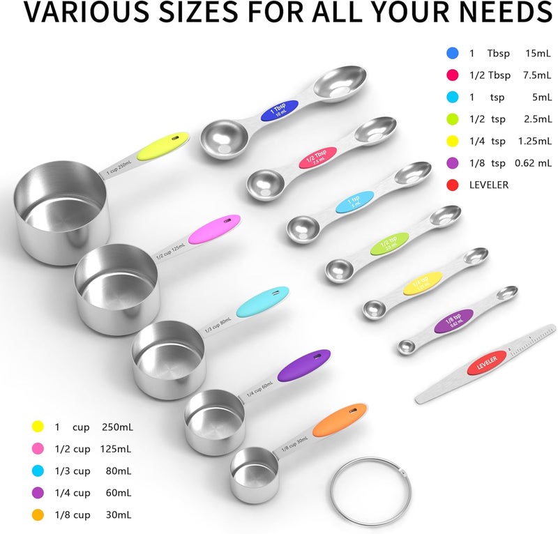TILUCK measuring cups and magnetic measuring spoons set, stainless steel measuring cups, 6 double-sided stainless steel measuring spoons & 1 leveler (12) - Image 2