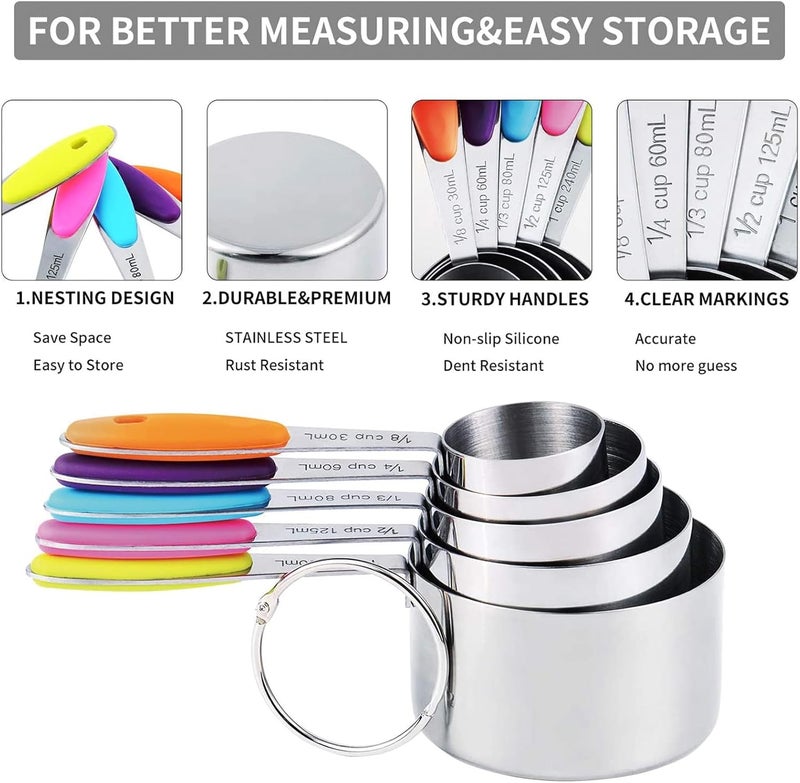 TILUCK measuring cups and magnetic measuring spoons set, stainless steel measuring cups, 6 double-sided stainless steel measuring spoons & 1 leveler (12) - Image 4