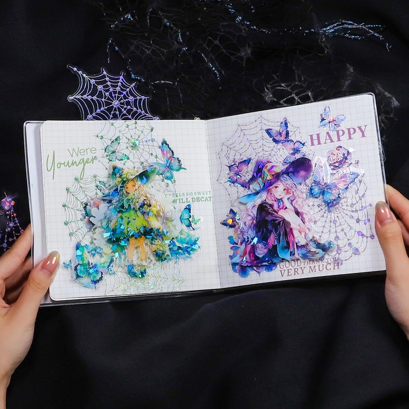 YOKSAS 40 Pcs Large Holographic Spider Web Stickers â€“ Transparent Waterproof Scrapbooking Stickers for Journaling,Resin Art,DIY Crafts,Junk Journals,Halloween Decorations - Image 5