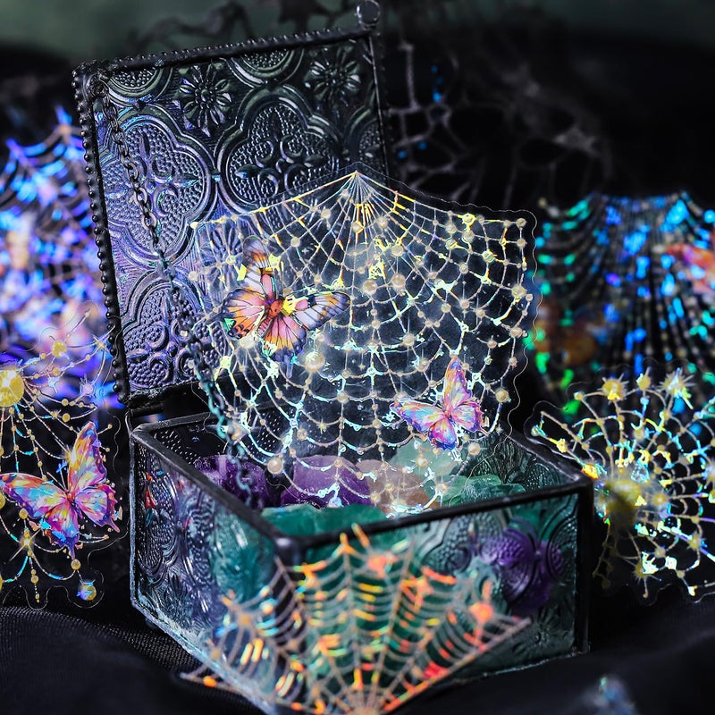 YOKSAS 40 Pcs Large Holographic Spider Web Stickers â€“ Transparent Waterproof Scrapbooking Stickers for Journaling,Resin Art,DIY Crafts,Junk Journals,Halloween Decorations - Image 1
