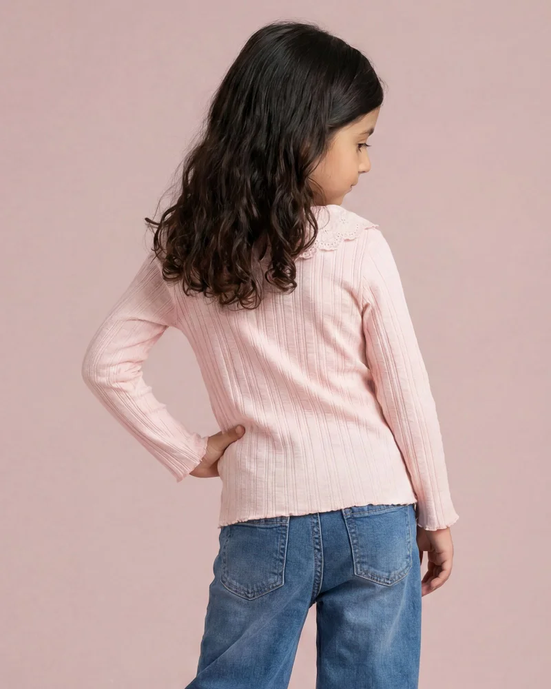 REDTAG Girls Pink Jacquard Collared Long Sleeve Top