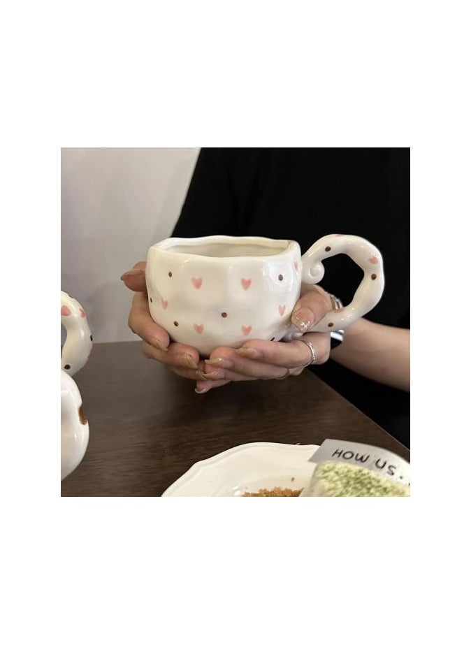 Qahwa 300ml ceramic mug decorated with brown dots and pink delicate hearts for serving hot drinks  - Image 1