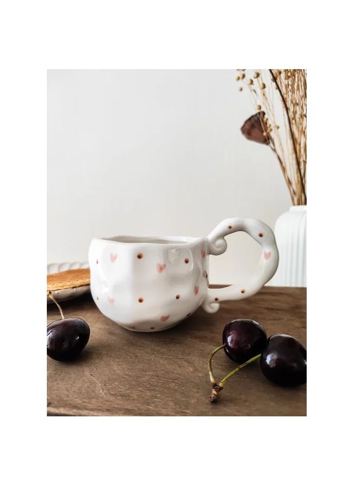 Qahwa 300ml ceramic mug decorated with brown dots and pink delicate hearts for serving hot drinks  - Image 5