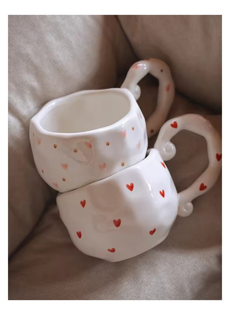 Qahwa 300ml ceramic mug decorated with brown dots and pink delicate hearts for serving hot drinks  - Image 2