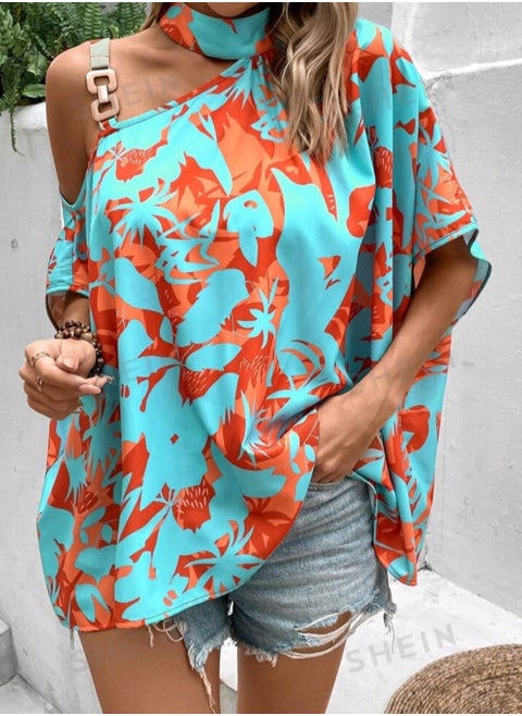 SHEIN  Floral Print Asymmetrical Neck Chain Detail Blouse