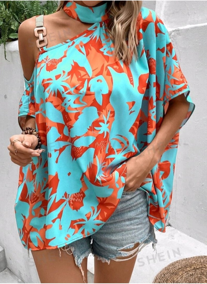SHEIN  Floral Print Asymmetrical Neck Chain Detail Blouse