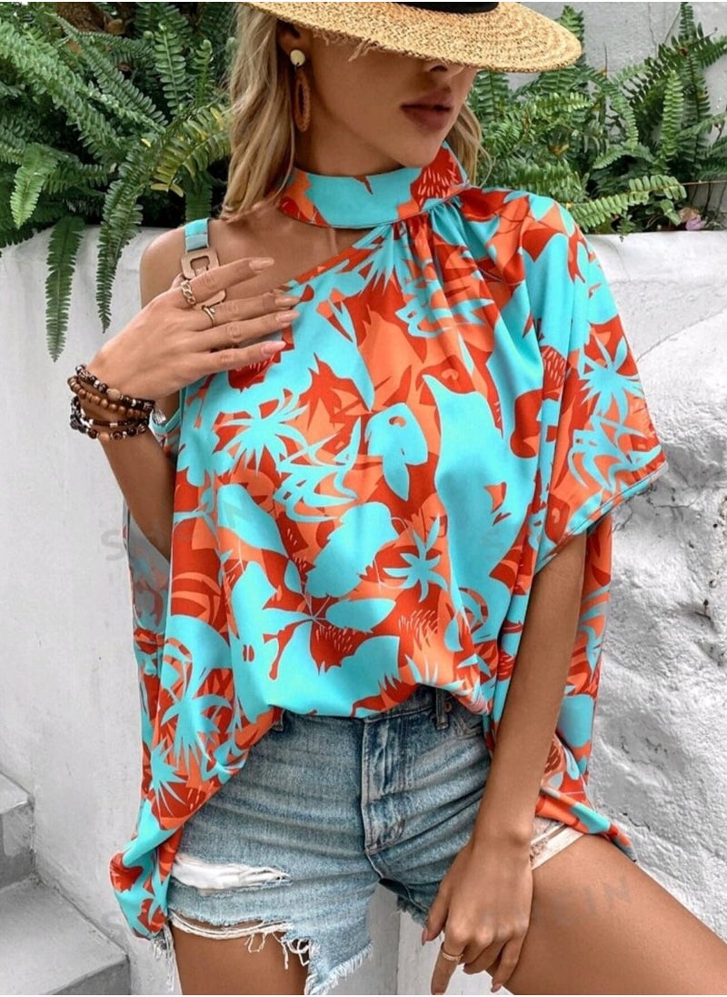 SHEIN  Floral Print Asymmetrical Neck Chain Detail Blouse