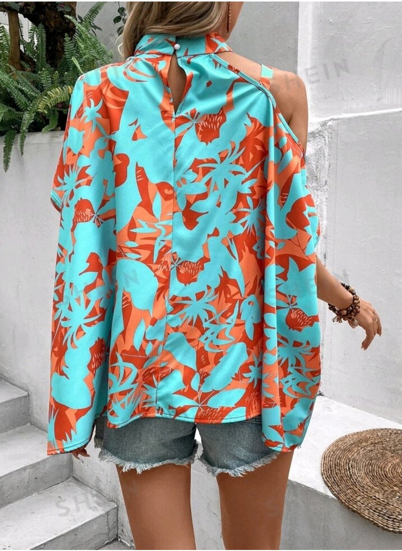 SHEIN  Floral Print Asymmetrical Neck Chain Detail Blouse