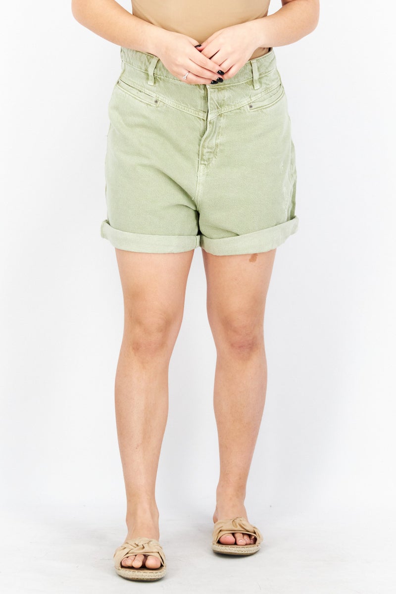 ESPRIT Women Washed Denim Shorts, Olive - Image 1