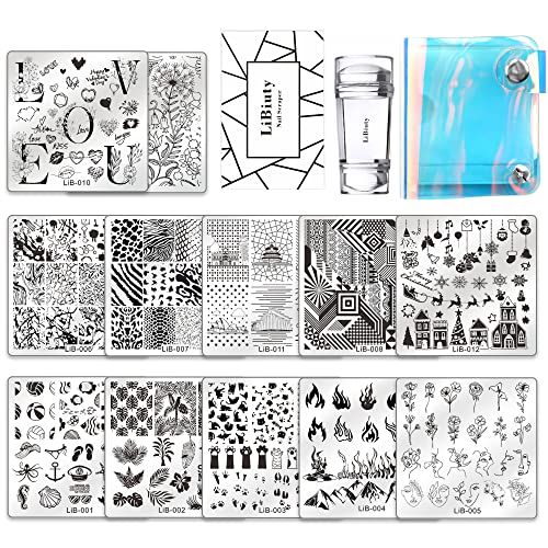 LiBiuty LiBiuty Nail Art Template Kit 12PCS Stamping Plates with Christmas Designs Socks Snow Castle Elk 1 Silicone Double Sided Clear Stamper 1 Scraper 1 Template Storage Bag 
