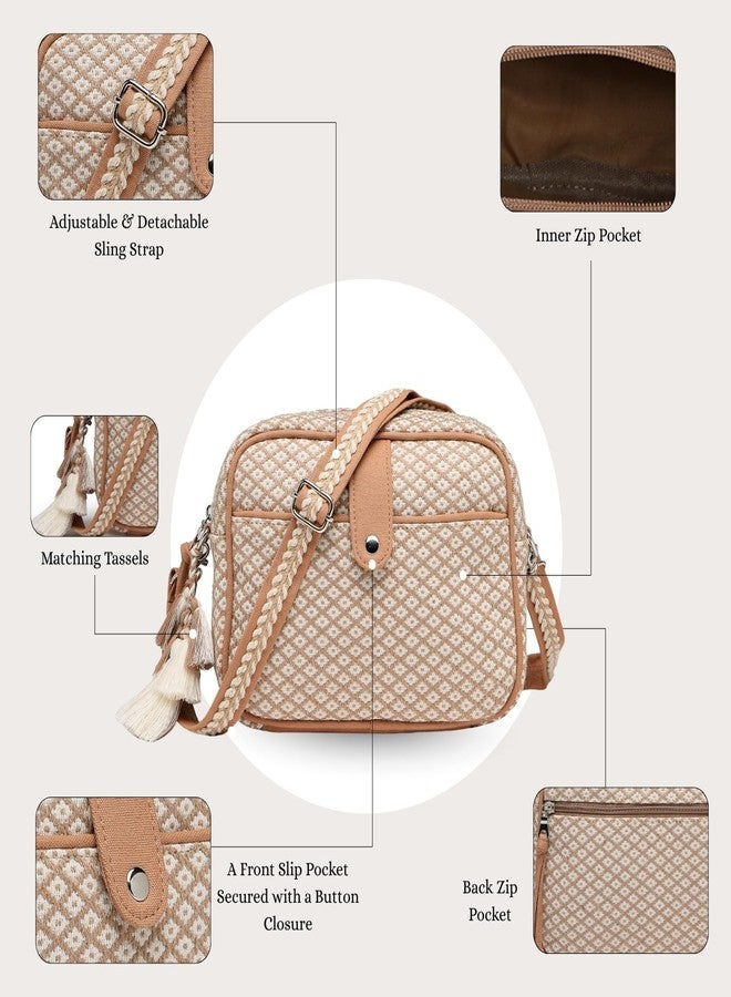Anekaant Earth Edit Beige Jacquard Geometric Sling Bag - Image 3