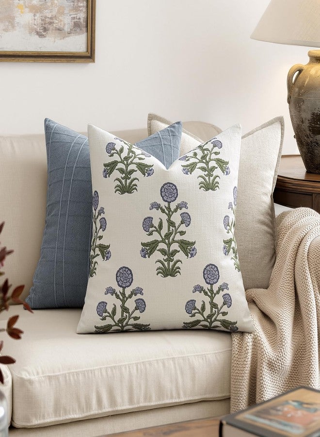 MIULEE Set of 2 Vintage Pillow Covers Neutral Decorative Floral Throw Pillows Block Print Boho Farmhouse Cushion Covers for Modern Rustic Home Decor Sofa Bed Living Room, 20 x 20 Inch, Blue Green - Image 2