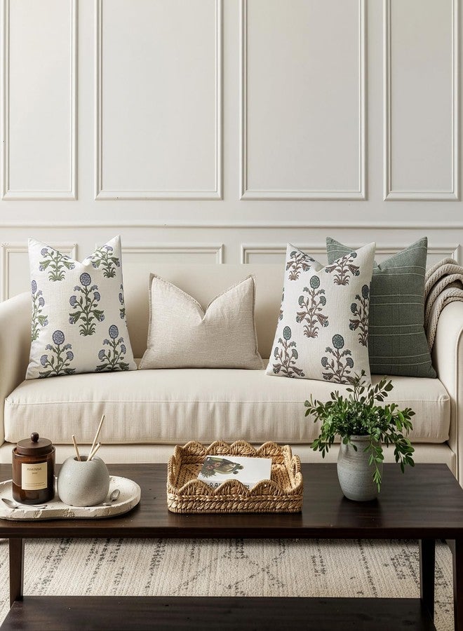 MIULEE Set of 2 Vintage Pillow Covers Neutral Decorative Floral Throw Pillows Block Print Boho Farmhouse Cushion Covers for Modern Rustic Home Decor Sofa Bed Living Room, 20 x 20 Inch, Blue Green - Image 4