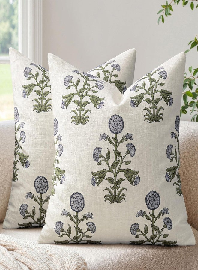 MIULEE Set of 2 Vintage Pillow Covers Neutral Decorative Floral Throw Pillows Block Print Boho Farmhouse Cushion Covers for Modern Rustic Home Decor Sofa Bed Living Room, 20 x 20 Inch, Blue Green - Image 1