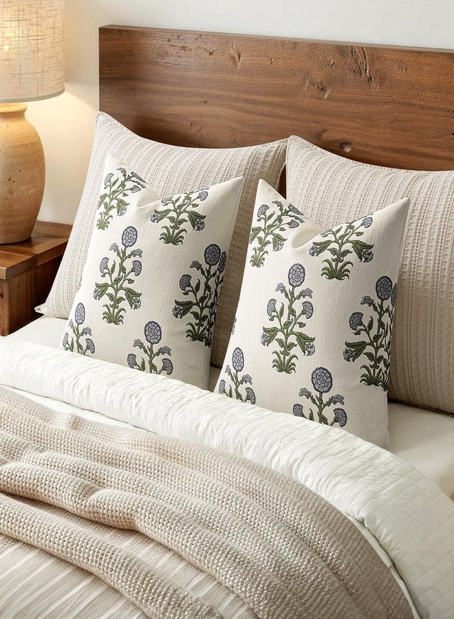MIULEE Set of 2 Vintage Pillow Covers Neutral Decorative Floral Throw Pillows Block Print Boho Farmhouse Cushion Covers for Modern Rustic Home Decor Sofa Bed Living Room, 20 x 20 Inch, Blue Green - Image 5