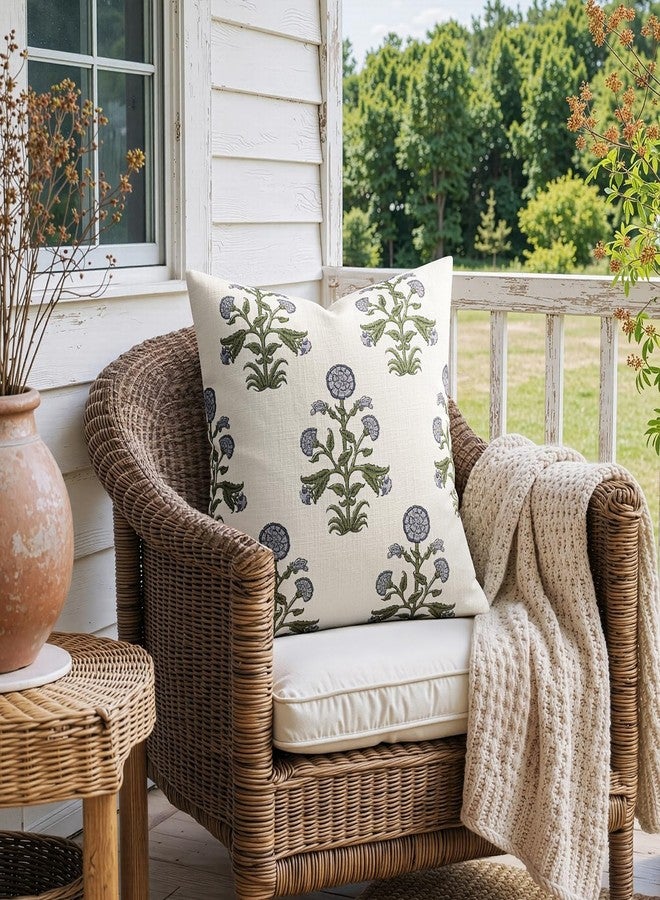 MIULEE Set of 2 Vintage Pillow Covers Neutral Decorative Floral Throw Pillows Block Print Boho Farmhouse Cushion Covers for Modern Rustic Home Decor Sofa Bed Living Room, 20 x 20 Inch, Blue Green - Image 3