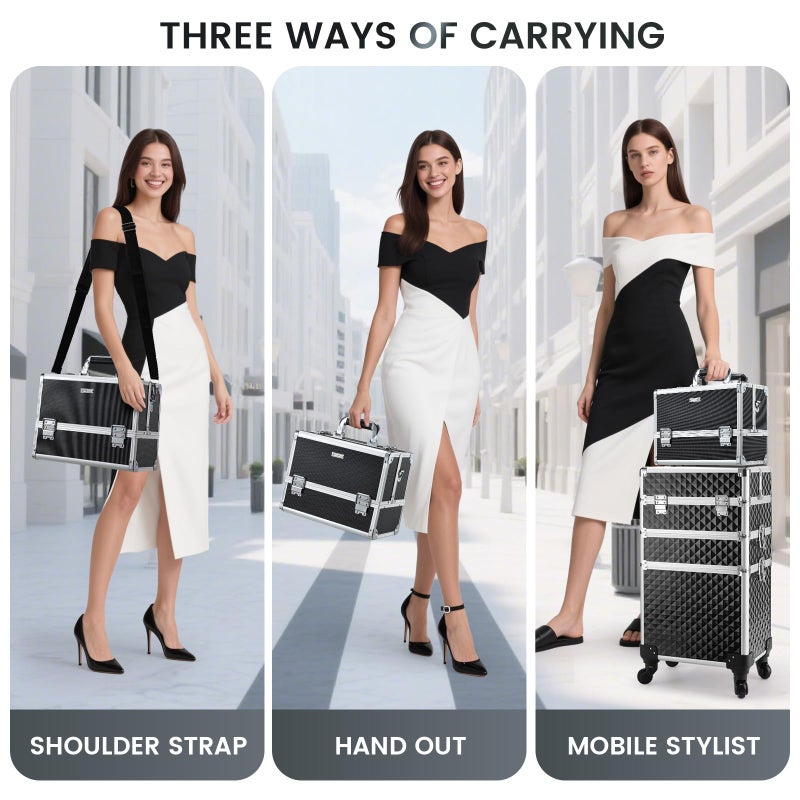 FRENESSA Makeup Train Case Makeup Case 12.6 Inch Large Cosmetic Box Organizer Travel Storage Professional Make Up Train Carrying Case with 6 Trays Locking Shoulder Strap Hard Vanity Storage Black - Image 3