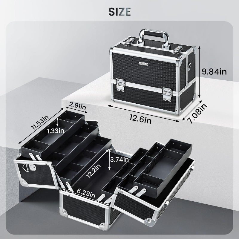 FRENESSA Makeup Train Case Makeup Case 12.6 Inch Large Cosmetic Box Organizer Travel Storage Professional Make Up Train Carrying Case with 6 Trays Locking Shoulder Strap Hard Vanity Storage Black - Image 5