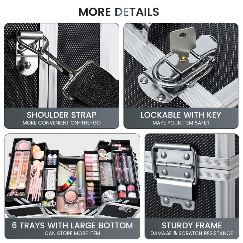 FRENESSA Makeup Train Case Makeup Case 12.6 Inch Large Cosmetic Box Organizer Travel Storage Professional Make Up Train Carrying Case with 6 Trays Locking Shoulder Strap Hard Vanity Storage Black - Image 4