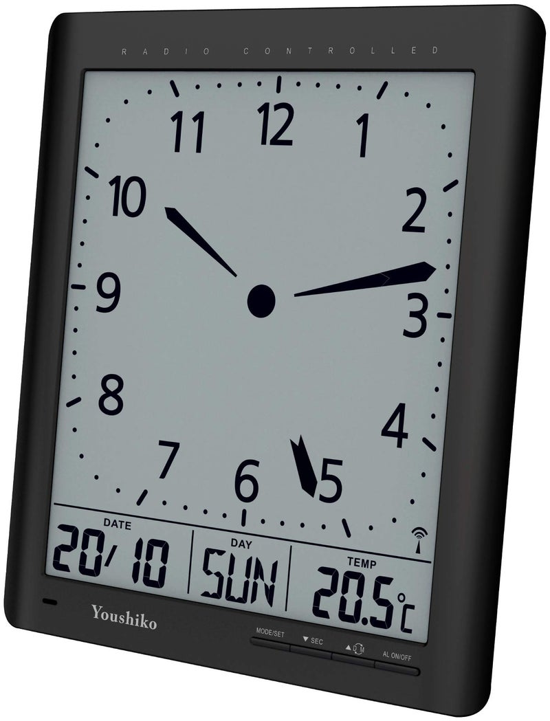 Youshiko ساعة حائط صامتة بتصميم رقمي تناظري مع تحكم راديو يوشيكو - نسخة المملكة المتحدة وأيرلندا - جودة ممتازة - عرض واضح
