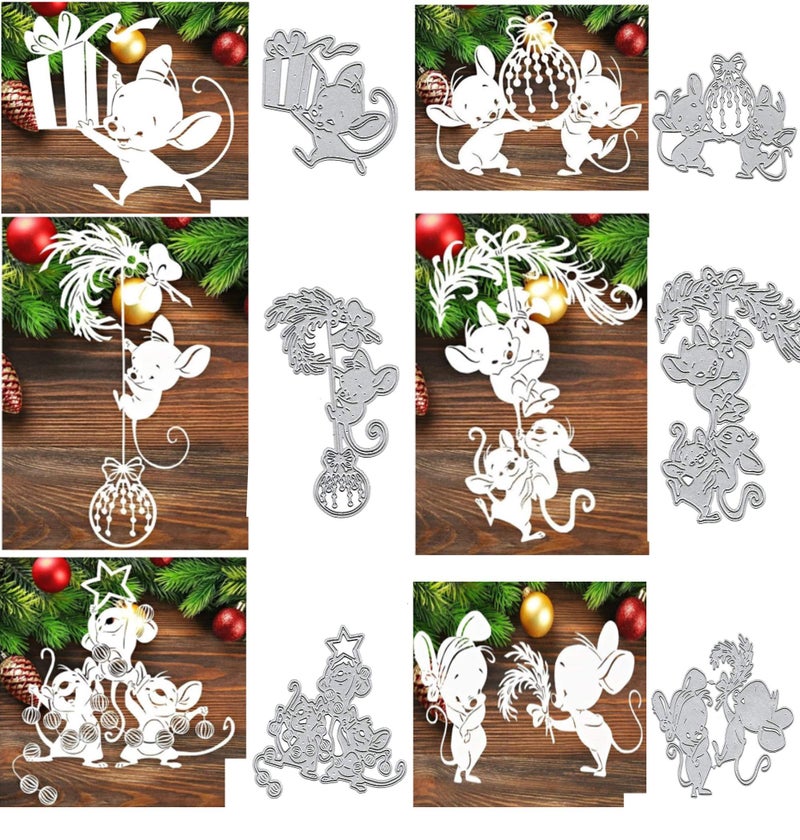6pcsSet Animal Mouse Metal Die Cuts Merry Christmas Snowflake Box Feather Bowtie Bow Cutting Dies Cut Stencils for DIY Scrapbooking Album Decorative Embossing Paper Dies Card Making