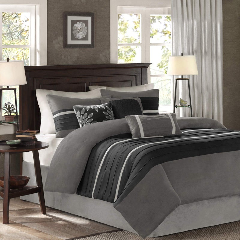 madison park Madison Park Palmer Comforter Set  Faux Suede Design Striped Accent All Season Down Alternative Bedding Matching Shams Decorative Pillow Bed Skirt King 104 in x 92 in Black 7 Piece 