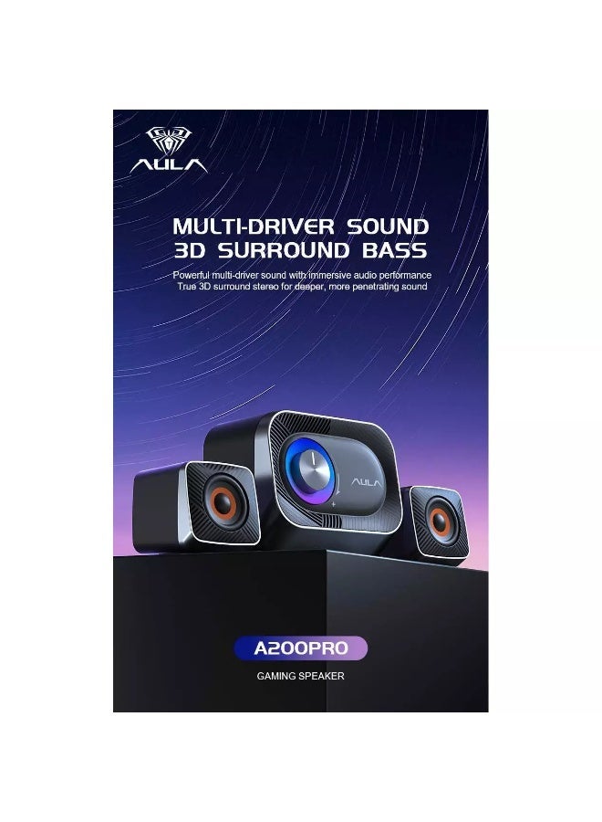 AULA A200 Pro 2.1 Stereo Wired Gaming Speakers with Subwoofer, RGB Lights Stereo Bass 11W - Rainbow LED Lighting - Easy accessible volume knob - Image 4