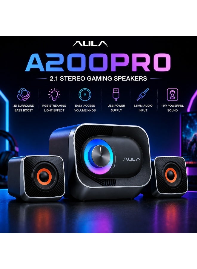 أولا مكبرات صوت ستيريو للألعاب A200 Pro 2.1 - إضاءة RGB، صوت قوي 11 واط، مضخم صوت جهير عميق، مكبرات صوت تعمل بمنفذ USB لأجهزة الكمبيوتر الشخصية والمحمولة - Image 3