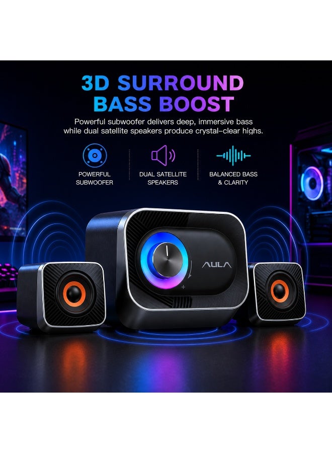أولا مكبرات صوت ستيريو للألعاب A200 Pro 2.1 - إضاءة RGB، صوت قوي 11 واط، مضخم صوت جهير عميق، مكبرات صوت تعمل بمنفذ USB لأجهزة الكمبيوتر الشخصية والمحمولة - Image 2