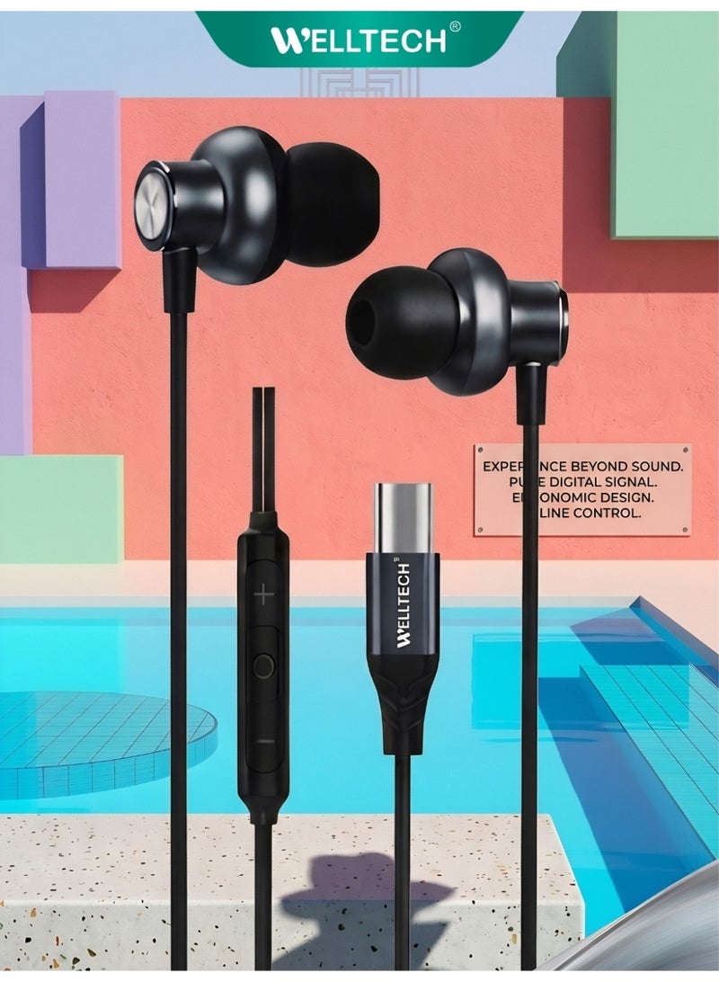 WELLTECH Wired Type C Earphones with Mic Clear Voice Calling USB C Headphones Noise Isolation In Ear Headset for Android Samsung Gaming Meetings WELLTECH HFD60 - Image 1