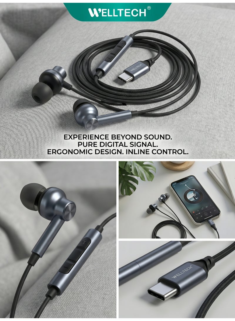 WELLTECH Wired Type C Earphones with Mic Clear Voice Calling USB C Headphones Noise Isolation In Ear Headset for Android Samsung Gaming Meetings WELLTECH HFD60 - Image 5