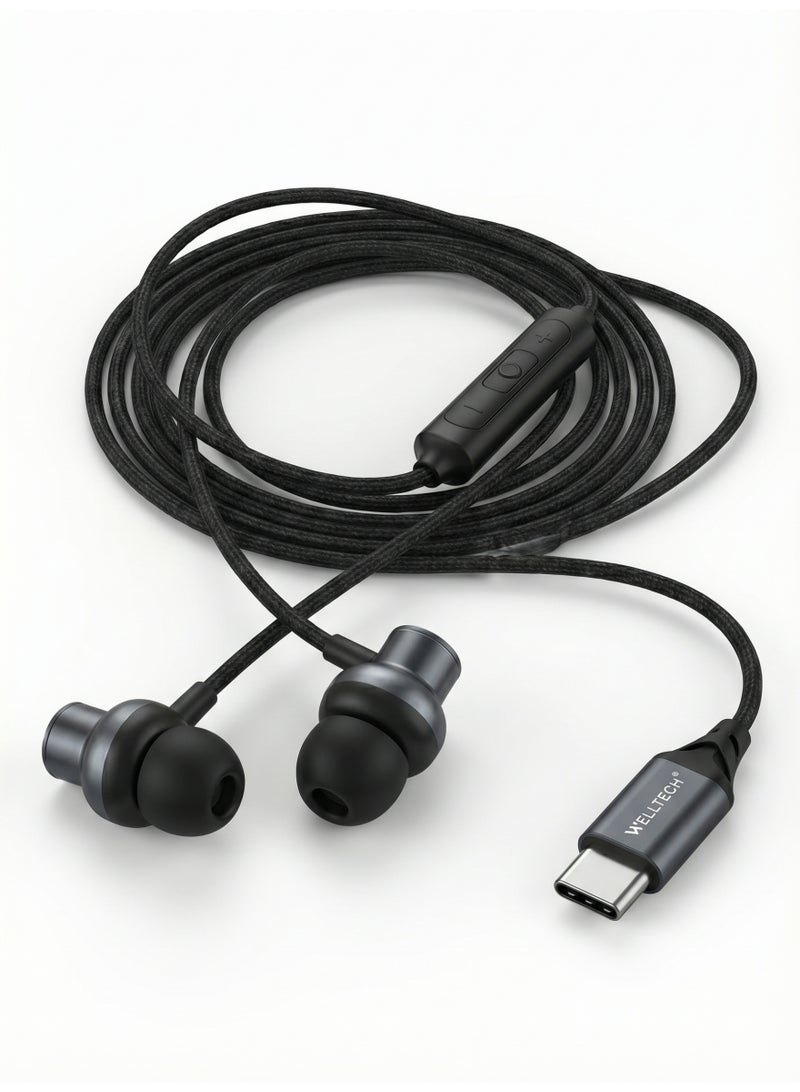 WELLTECH Wired Type C Earphones with Mic Clear Voice Calling USB C Headphones Noise Isolation In Ear Headset for Android Samsung Gaming Meetings WELLTECH HFD60 - Image 4
