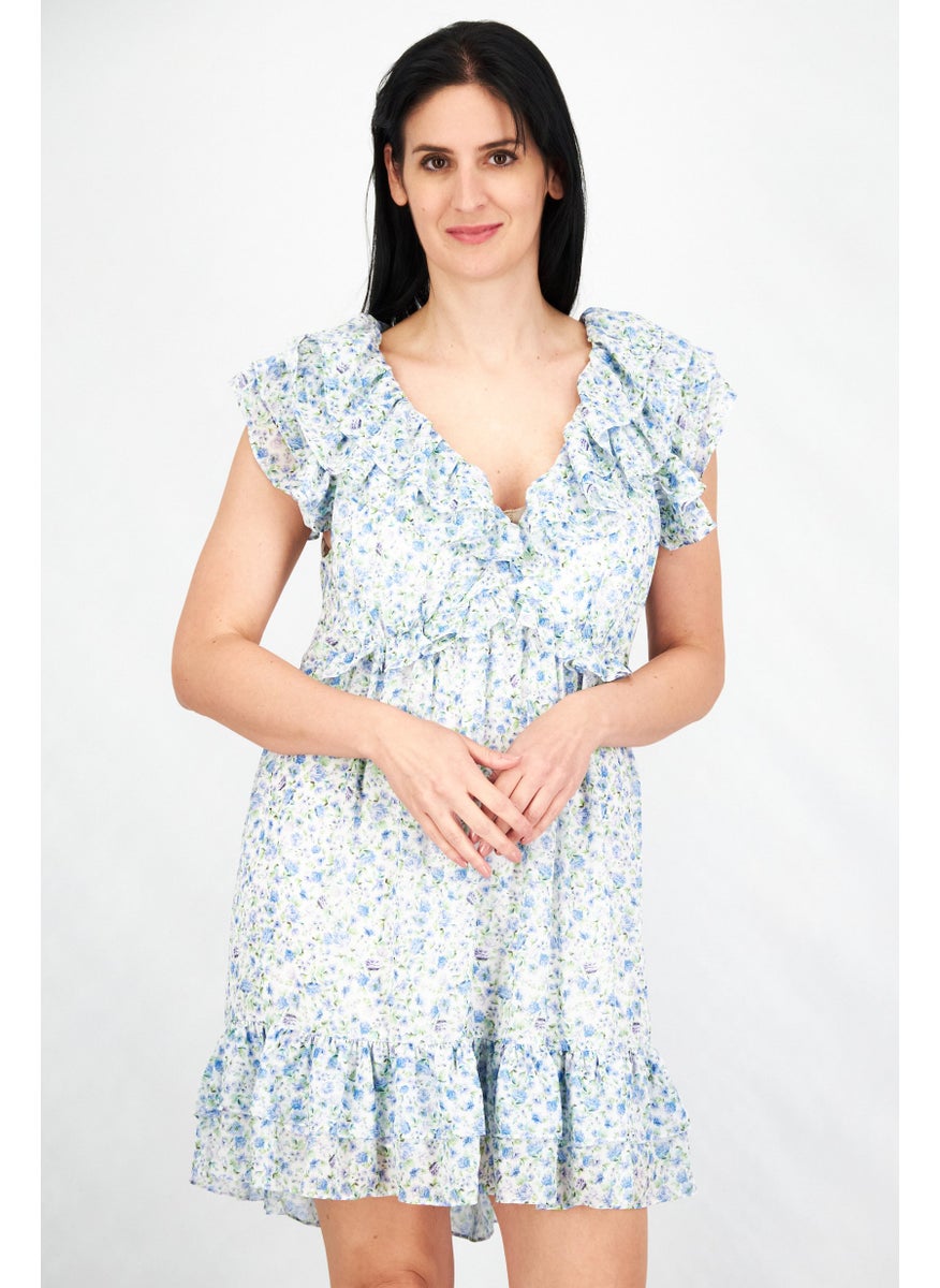 forever new Women Floral Pattern Mini Dress, Blue Combo  - Image 1