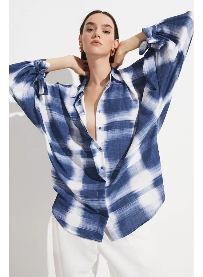 جون June Women Exclusive Boyfriend/Wide Balloon Sleeve Patterned Shirt Blue