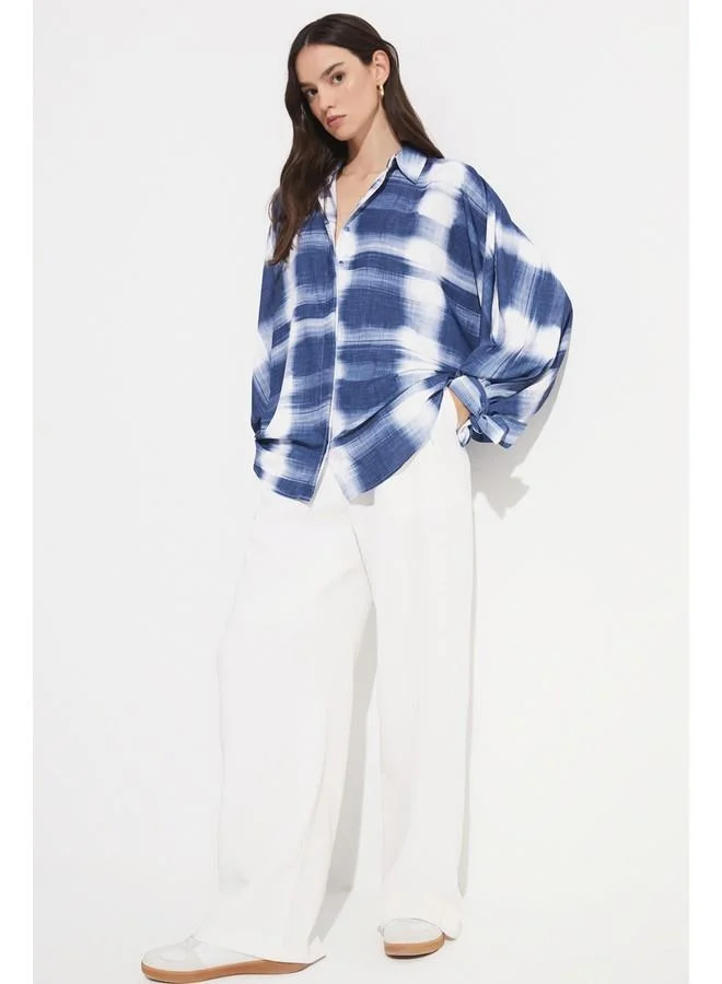 جون June Women Exclusive Boyfriend/Wide Balloon Sleeve Patterned Shirt Blue