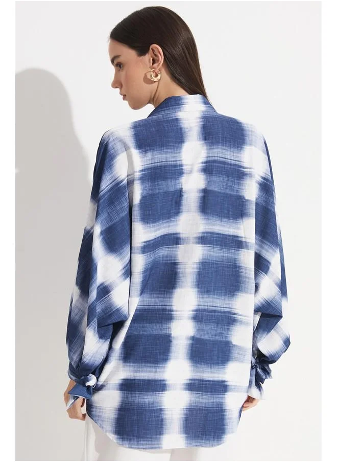 جون June Women Exclusive Boyfriend/Wide Balloon Sleeve Patterned Shirt Blue