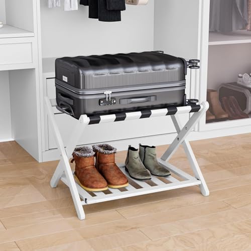 Smart FENDEE Fully Assembled White Bamboo Luggage Rack 5 Straps Folding Suitcase Stand with Shoe Shelf Heavy Duty Wood Large Luggage Holders for Guest Room Bedroom Hotel
