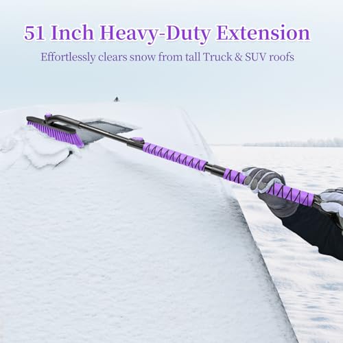 HEEYA 51 Inch Snow Brush for Trucks Extendable Long Handle Ice Scraper with Brush with Foam Grip SUV Heavy Duty Snow Brush with Ice Scraper for Car Auto Jeep RV Vehicle Windshield Window Purple - Image 3