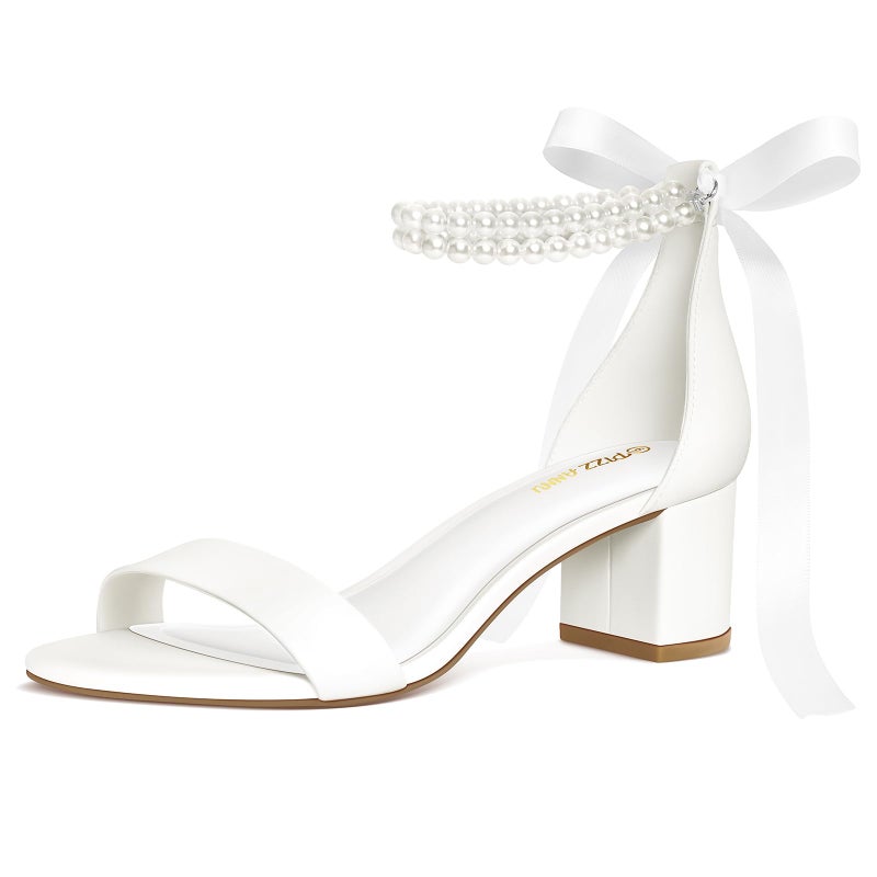 PIZZ ANNU Women's Low Block Chunky Heels Sandals Comfortable Open Toe Ankle Strap Pearl Bridal Dress Pump Shoes Bride Heeled Sandal, White Pearl 8 - Image 1