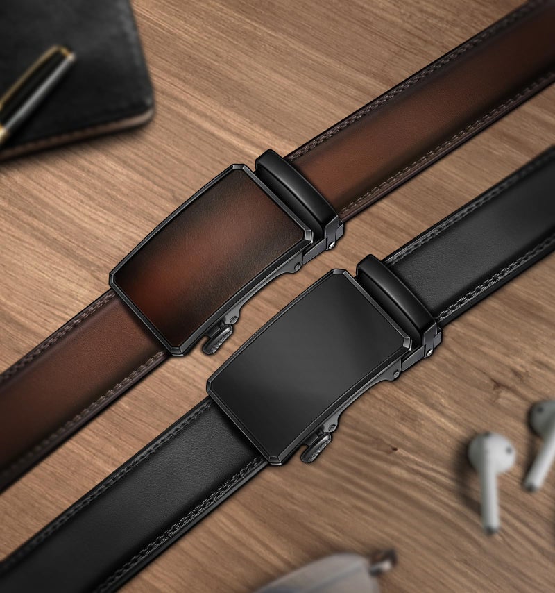 KEMISANT Men Belt 2 Pack, Leather Ratchet Belt Easy Click Slide For Men 1 3/8",Cut for Fit(Black/Deep Brown,30"-36" Waist Adjustable) - Image 2