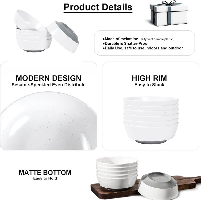 Webbylee 6inch Melamine Bowls set of 620ounce Dinnerware Cereal Bowls for Soup Salad  Dessert  Dishwasher Safe  Space SavingWhiteGrey - Image 3