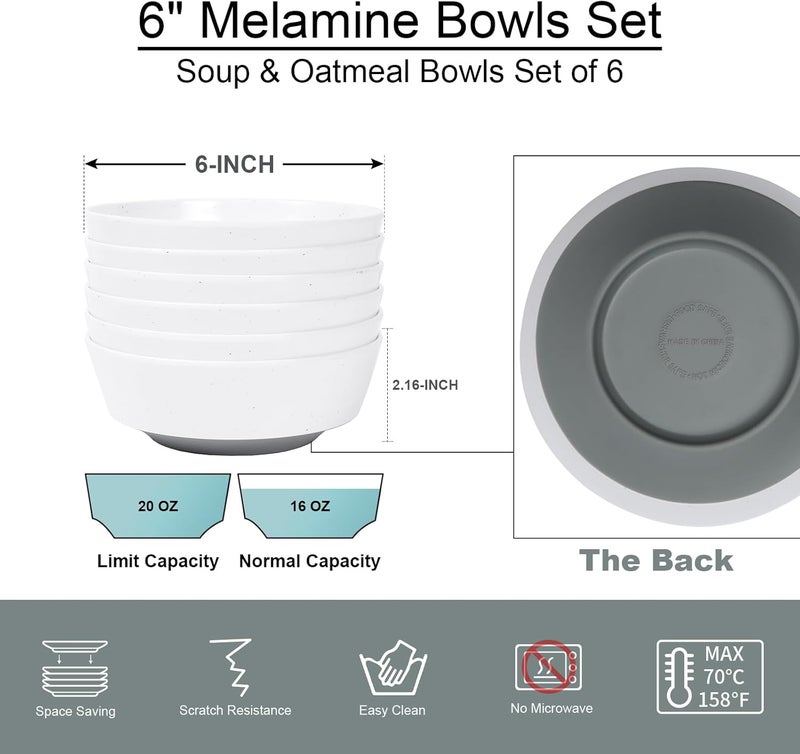 Webbylee 6inch Melamine Bowls set of 620ounce Dinnerware Cereal Bowls for Soup Salad  Dessert  Dishwasher Safe  Space SavingWhiteGrey - Image 2