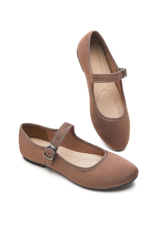 BABUDOG Womens Mary Jane Flats with Strap,Faux Suede Black Flats Shoes,Flats Shoes Women Dressy Comfortable, Brown, 6 - Image 1